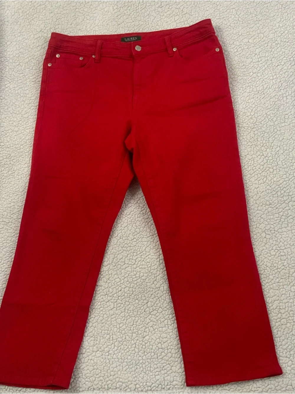 Lauren Ralph Lauren Straight Leg Red Denim Jeans Size 14 Logo Leather Patch